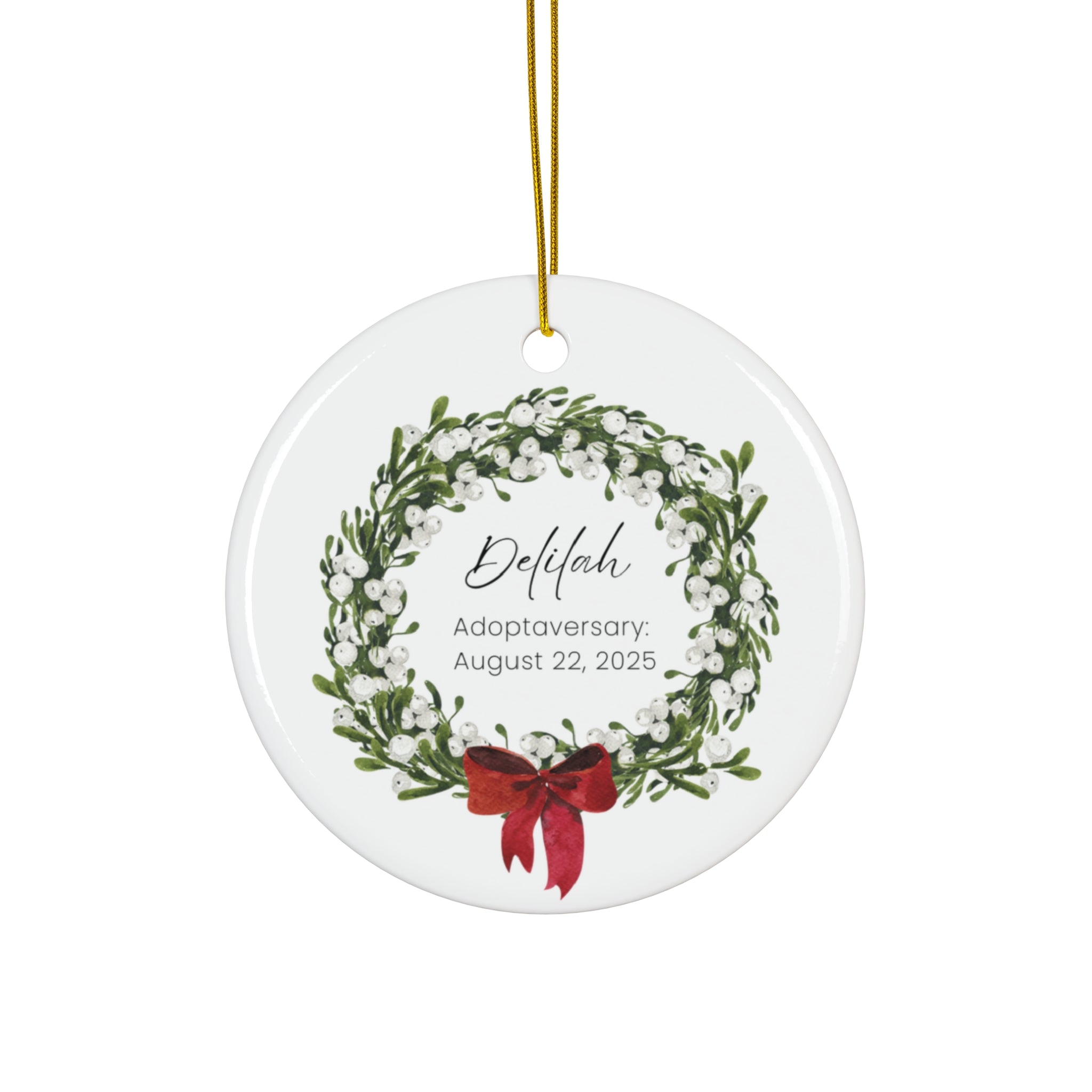 Personalized Bell Wreath Ceramic Ornament, Custom Holiday Decor, Gift for Families, Adoption Celebration, Tree Decoration, Keepsake Memory