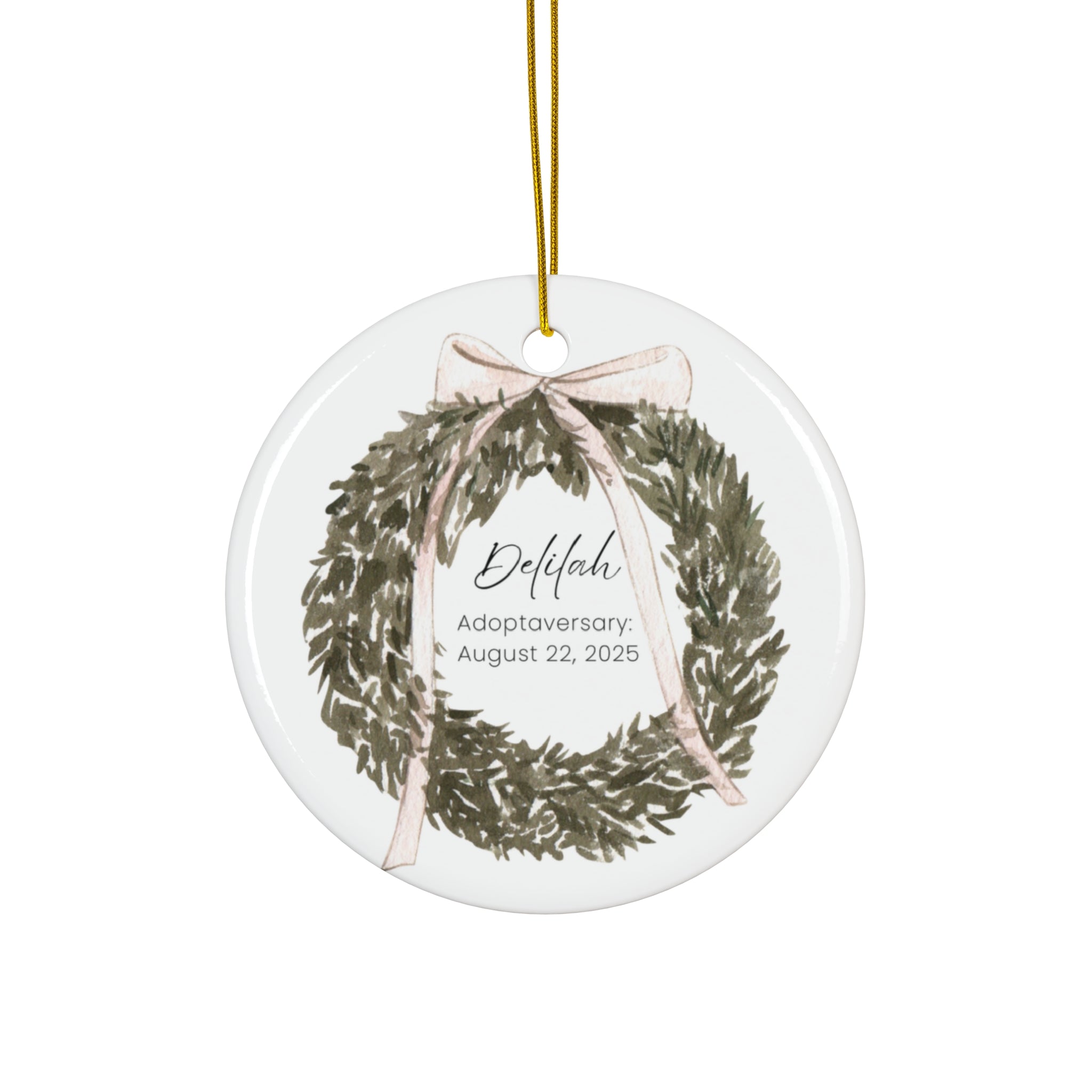 Personalized Wreath With Pink Bow Ceramic Ornament, Custom Holiday Decor, Gift for Families, Adoption Celebration, Tree Decoration, Keepsake Memory