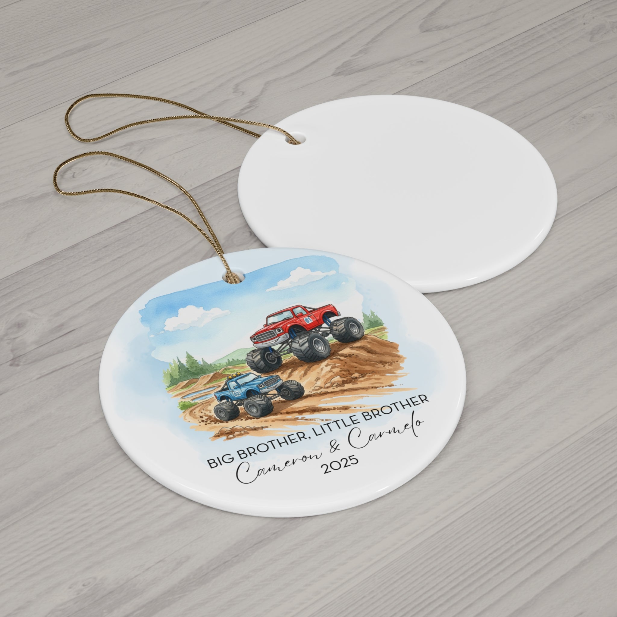 Big Brother Little Brother Ceramic Ornament Monster Truck Christmas Tree Decoration