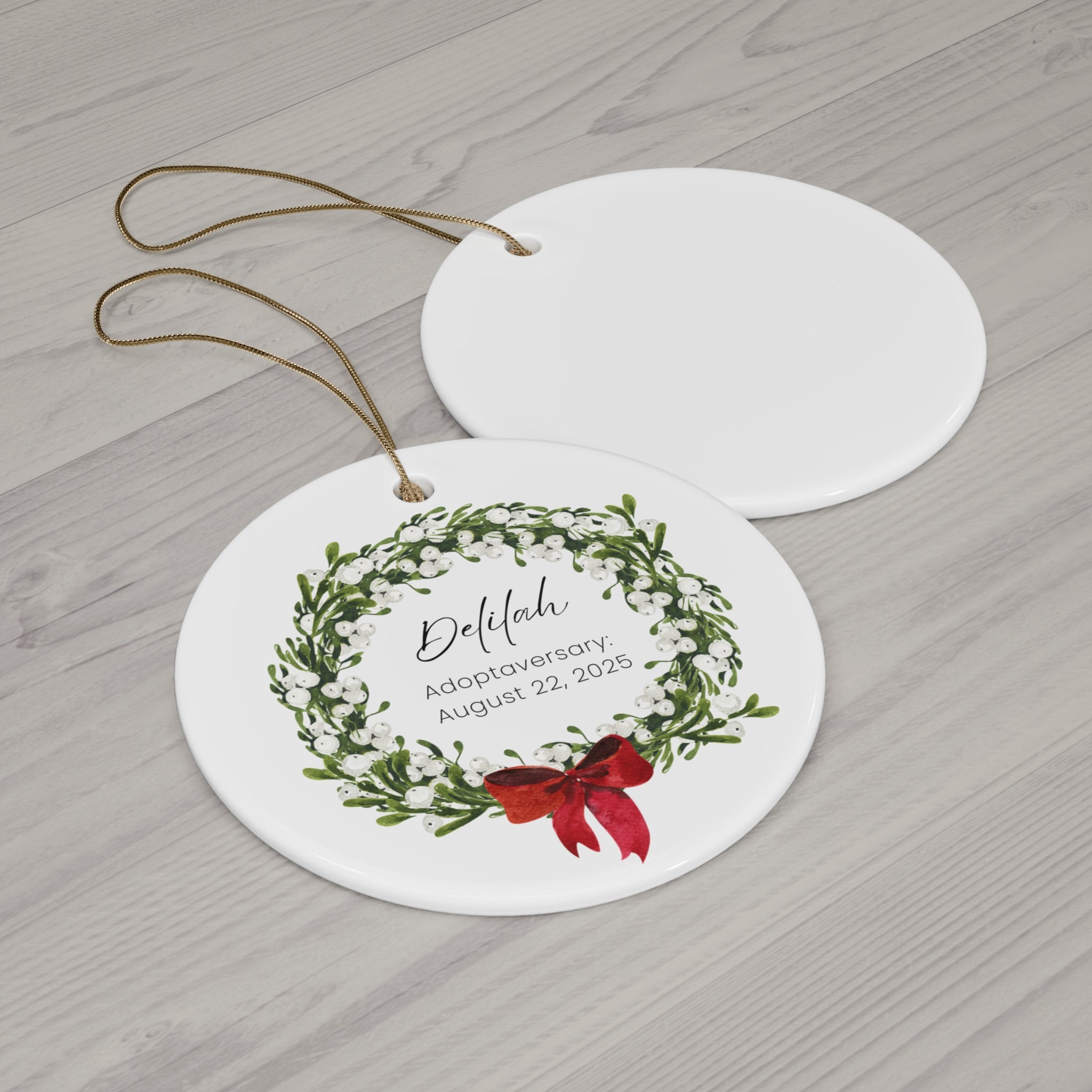 Personalized Bell Wreath Ceramic Ornament, Custom Holiday Decor, Gift for Families, Adoption Celebration, Tree Decoration, Keepsake Memory