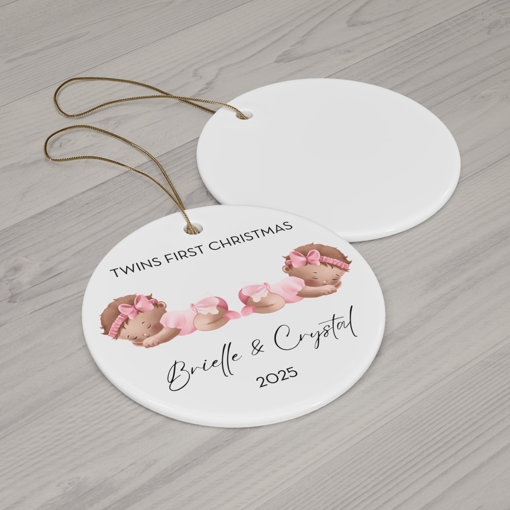 Personalized Twin Baby Melanin Girls Family Ornament for Twins' First Christmas | Custom Keepsake Decoration | Baby's First Holiday | Unique Gift Idea | 2025 Memory