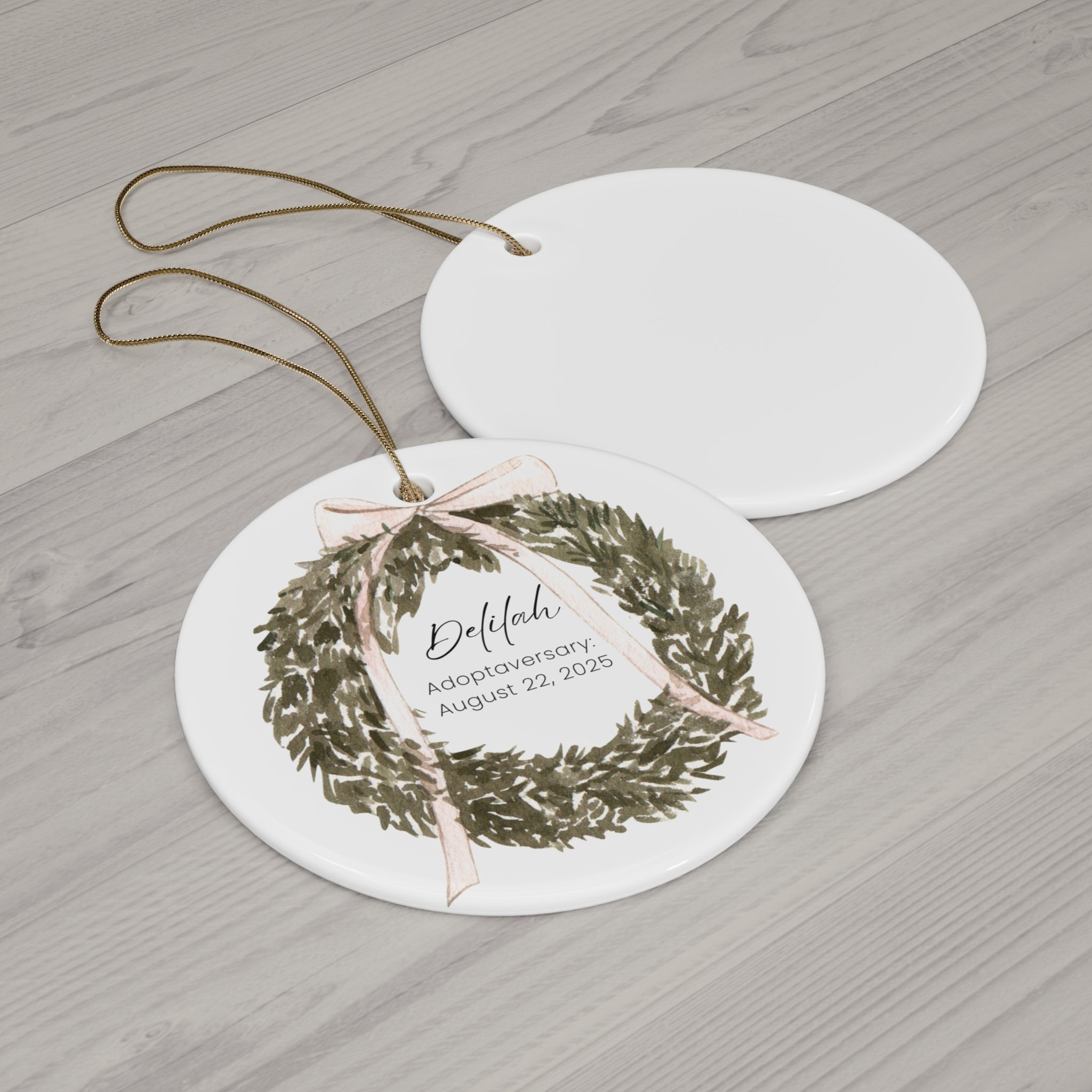 Personalized Wreath With Pink Bow Ceramic Ornament, Custom Holiday Decor, Gift for Families, Adoption Celebration, Tree Decoration, Keepsake Memory