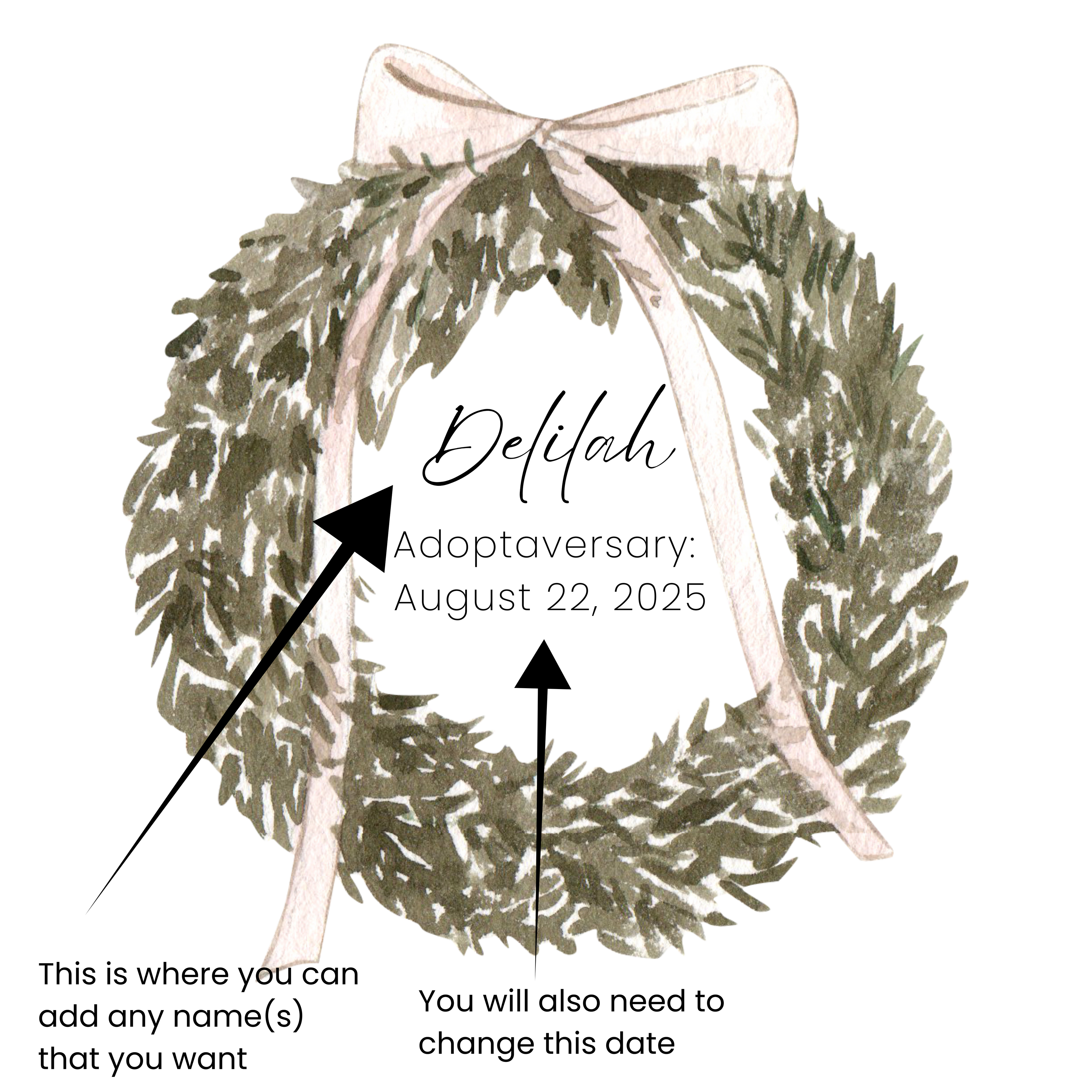 Personalized Wreath With Pink Bow Ceramic Ornament, Custom Holiday Decor, Gift for Families, Adoption Celebration, Tree Decoration, Keepsake Memory